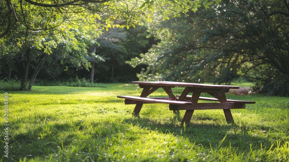 Setting up a classic wooden picnic table in a lush green park for a family gathering. Setting up a classic wooden picnic table in a lush green park for a family gathering.