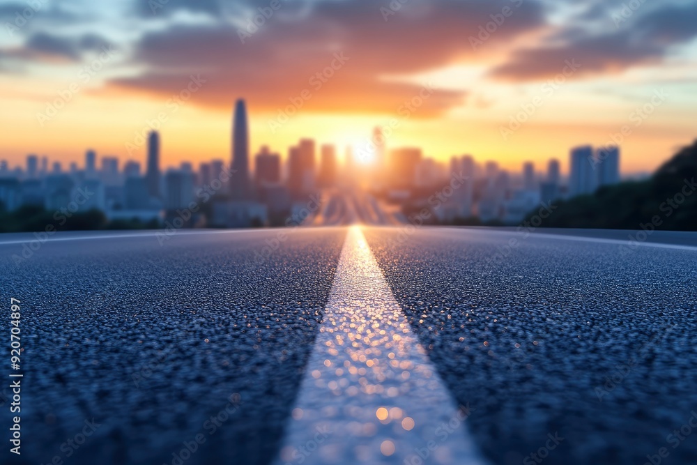 Asphalt highway road and city skyline with modern buildings at sunset. car background with generative ai Asphalt highway road and city skyline with modern buildings at sunset. car background with generative ai