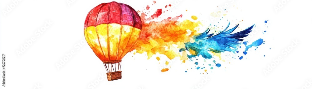 Obraz premium Watercolor depiction of a hot air balloon in the shape of a bird, creative and colorful, isolated on white background