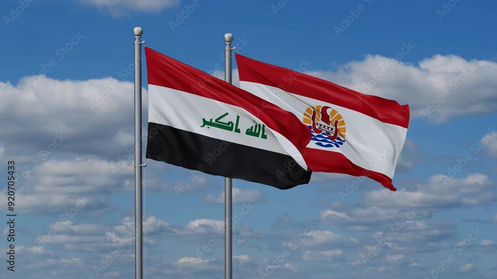 French Polynesia and Iraq flags flying together, video concept of the relationship, two country relations concept French Polynesia and Iraq flags flying together, video concept of the relationship, two country relations concept