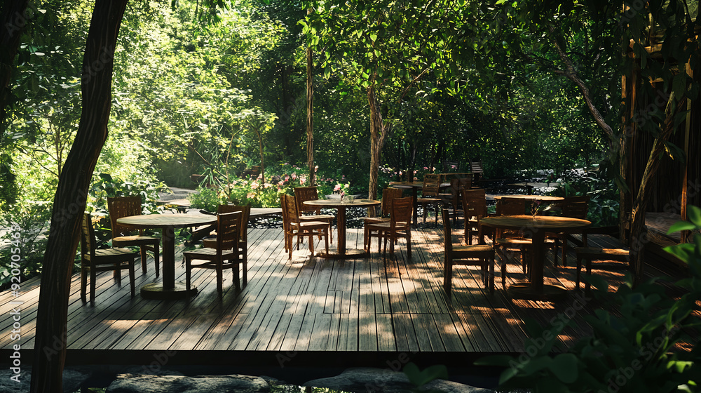 cafe in the forest, wooden cafe, cafe in the forest, wooden cafe,