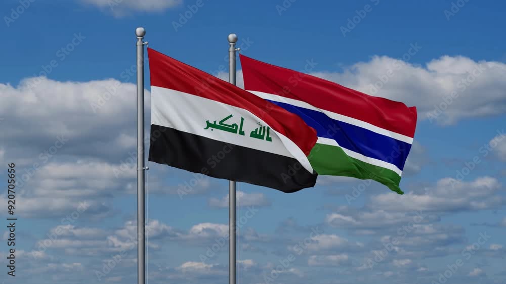 Gambia and Iraq flags flying together, video concept of the relationship, two country relations concept Gambia and Iraq flags flying together, video concept of the relationship, two country relations concept