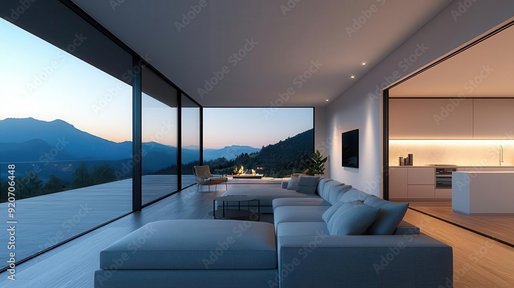 Fototapeta premium AI-driven smart home system adjusting lighting and temperature, optimizing comfort and energy efficiency, photorealistic
