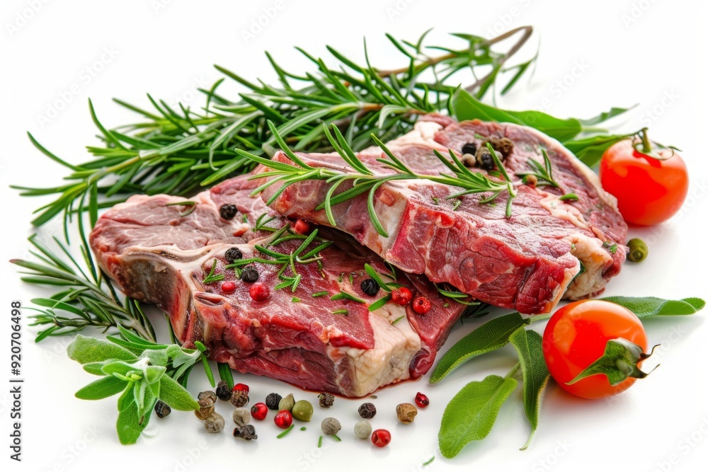 Fresh raw steaks with herbs and peppercorns on white background. Conceptual food photography. Style: appetizing, vibrant. Purpose: healthy eating, culinary presentation. Generative AI Fresh raw steaks with herbs and peppercorns on white background. Conceptual food photography. Style: appetizing, vibrant. Purpose: healthy eating, culinary presentation. Generative AI