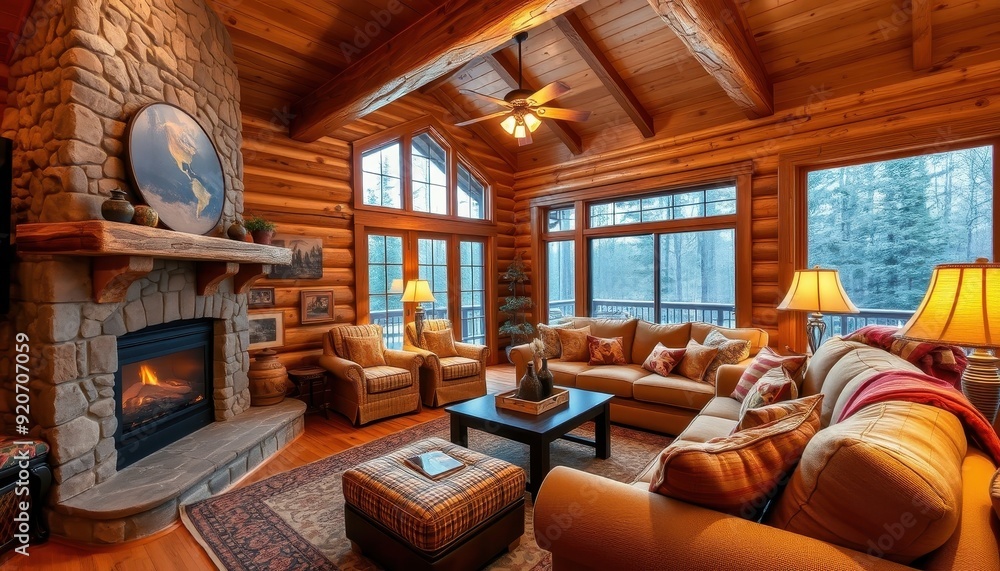 Cozy Living Room with Fireplace and Rustic Decor. Cozy Living Room with Fireplace and Rustic Decor.
