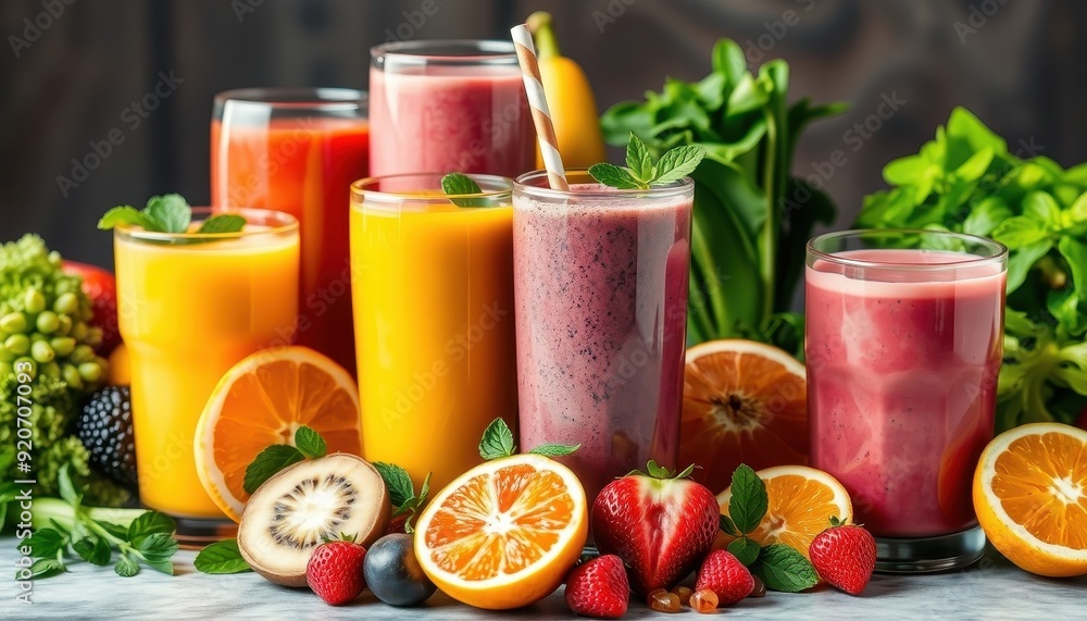 Fresh Fruit Smoothies with Mint and Orange Slices. Fresh Fruit Smoothies with Mint and Orange Slices.
