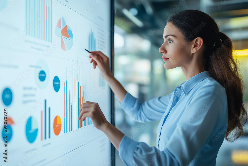 Businesswoman analyzing commercial data on a large interactive dashboard screen in the office. Businesswoman analyzing commercial data on a large interactive dashboard screen in the office.