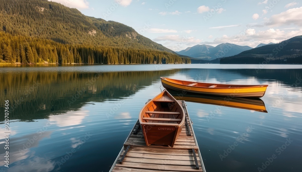 Obraz premium Two wooden boats on a calm lake in the mountains.