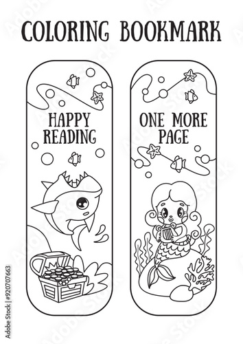Bookmarks for children books. Illustration of a shark, mermaid at the bottom of the ocean. black and white graphics, line style