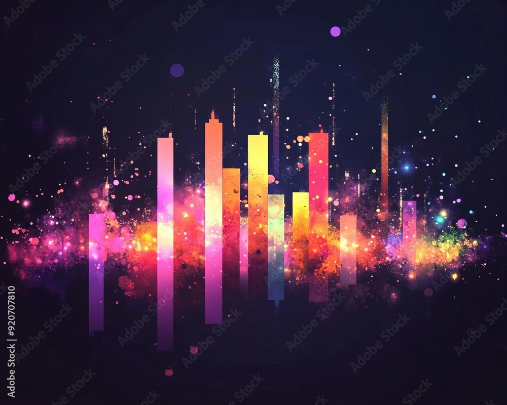 Neon lights illuminate abstract cityscape, rhythmic beats pulse through starry night sky Neon lights illuminate abstract cityscape, rhythmic beats pulse through starry night sky