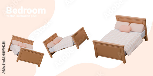 Double wooden bed with headboard. Twin model with mattress, pillow, sheet, blanket