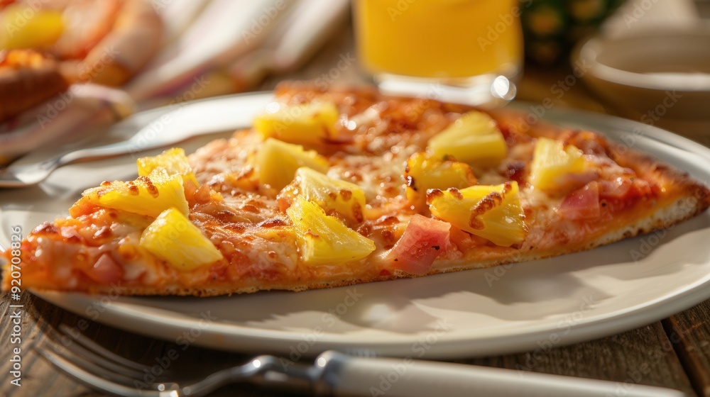 slice of fresh pineapple pizza closeup view slice of fresh pineapple pizza closeup view