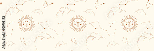 Vector magic seamless pattern with constellations, sun, moon, magic eyes, clouds and stars. Mystical esoteric background for your design. Vector EPS 10