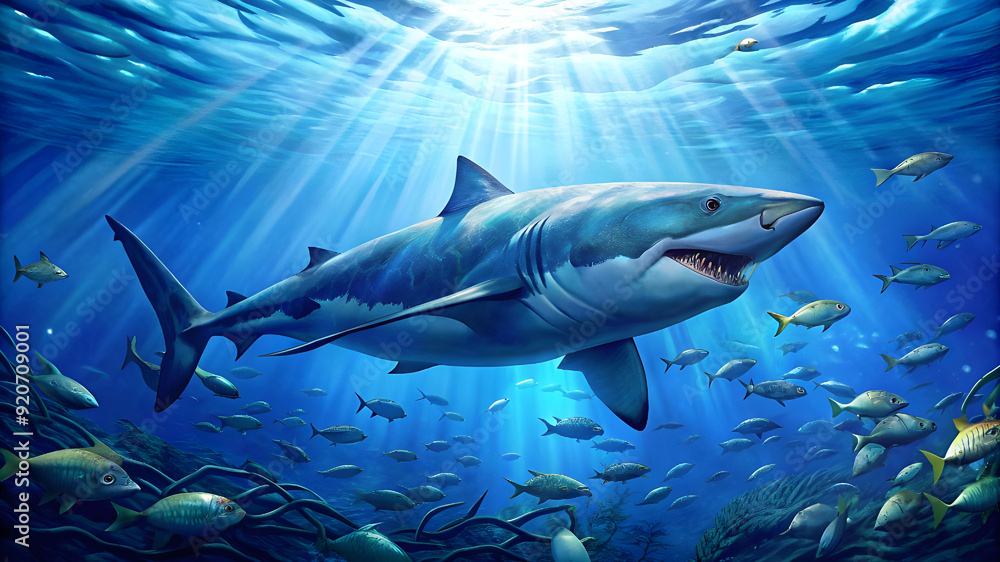 Fototapeta premium a hungry great white shark patrolling the clear