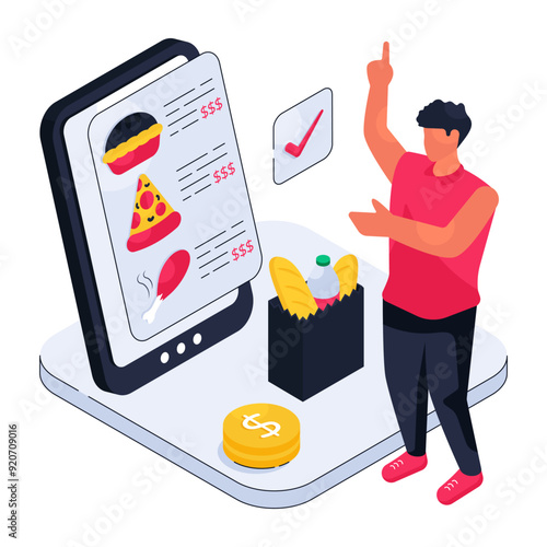 Conceptual isometric design illustration of mobile food order 

