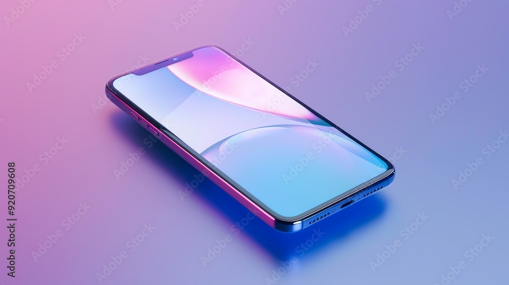 A modern smartphone with a blue and pink gradient background lies on a purple and blue gradient surface. A modern smartphone with a blue and pink gradient background lies on a purple and blue gradient surface.