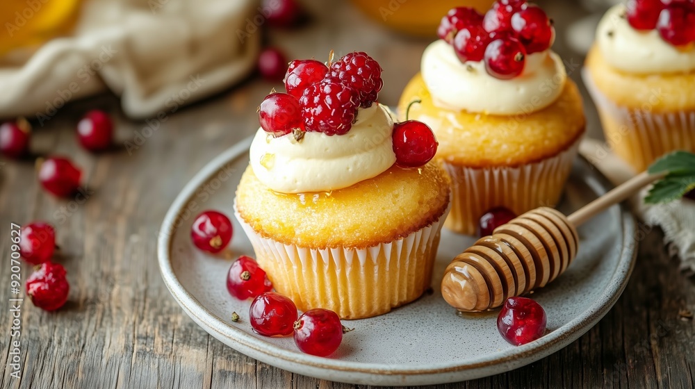 Delicious cupcakes topped with raspberries and a drizzle of honey on a rustic wooden table Delicious cupcakes topped with raspberries and a drizzle of honey on a rustic wooden table