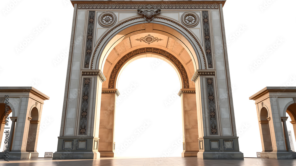 Obraz premium In realistic style show the front of a tall arch with ornamental features isolated on light background, in the arch should be a lot of space, the sides of the arch should be slim. Generative AI 