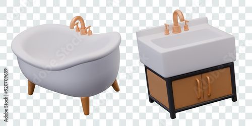 White bath with metal faucet, sink with cabinet below. Modern sanitary ware