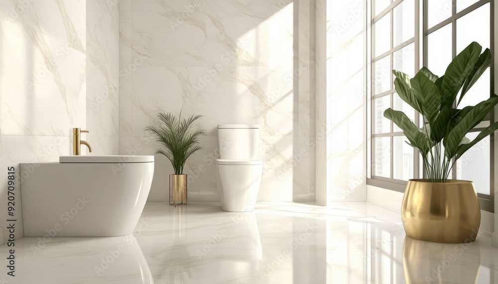Toilet and bathroom with gold-white color scheme in modern style, realistic, minimal design Toilet and bathroom with gold-white color scheme in modern style, realistic, minimal design