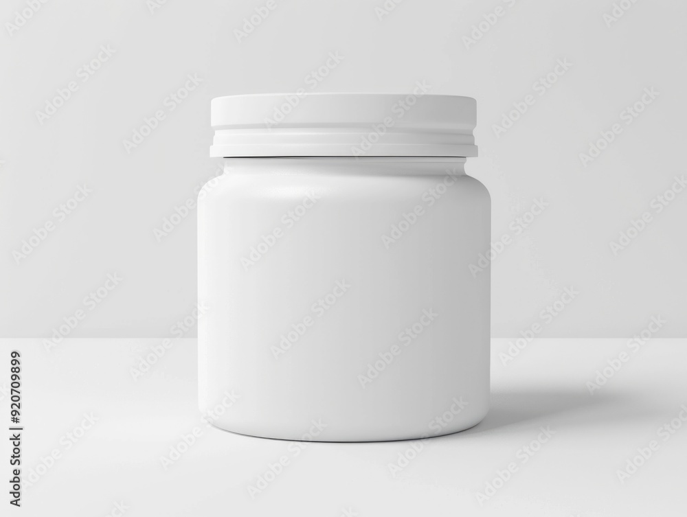 A plastic jar with a white lid, sealed and ready to use. The jar is empty and transparent, perfect for storage or organization. It rests on a clean white background. A plastic jar with a white lid, sealed and ready to use. The jar is empty and transparent, perfect for storage or organization. It rests on a clean white background.