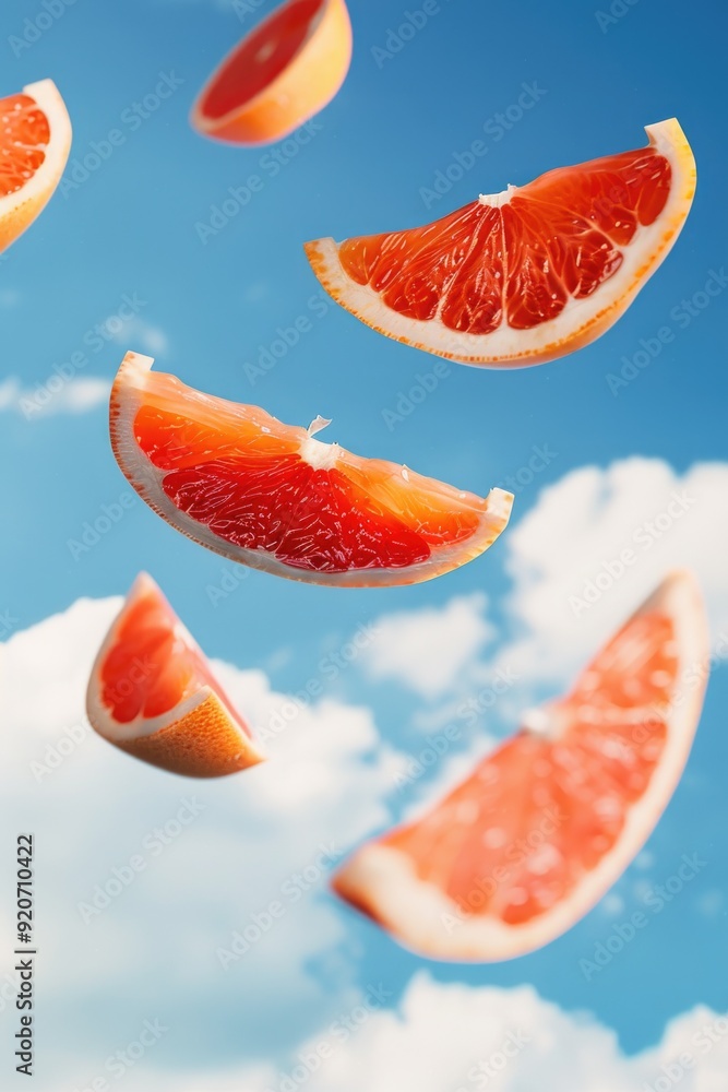 Pile of delicious, fresh grapefruit slices soaring through the sky on a sunny day. Healthy and refreshing citrus fruit. Pile of delicious, fresh grapefruit slices soaring through the sky on a sunny day. Healthy and refreshing citrus fruit.