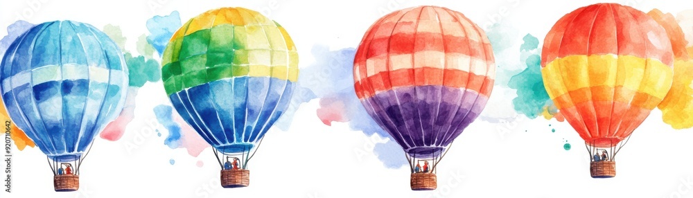 Obraz premium Watercolor depiction of a hot air balloon tethered to the ground, ready for ascent, isolated on white background