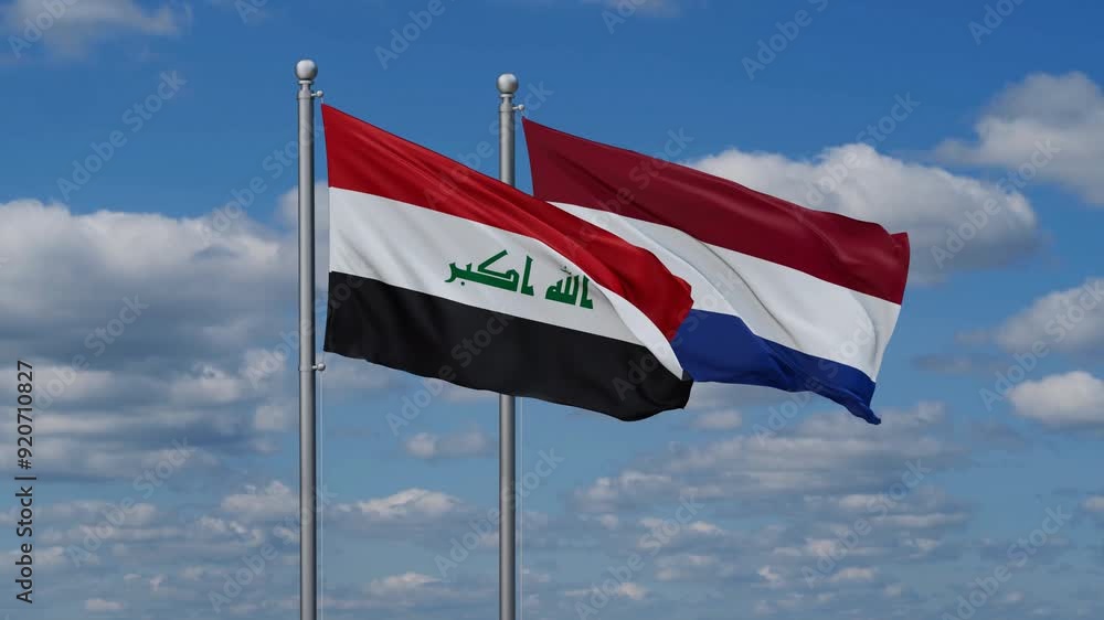 Netherlands and Iraq flags flying together, video concept of the relationship, two country relations concept Netherlands and Iraq flags flying together, video concept of the relationship, two country relations concept