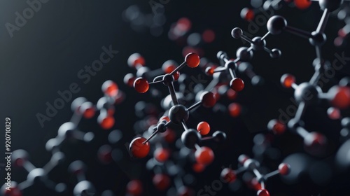 Molecular structure of a cell with red and black atoms on a gray background.