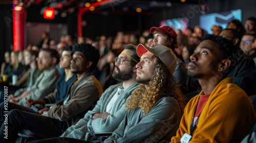 Spectators in casual clothes in a cinema watching a film. Men and women sit in comfortable seats and enjoy watching a movie. Rest concept.