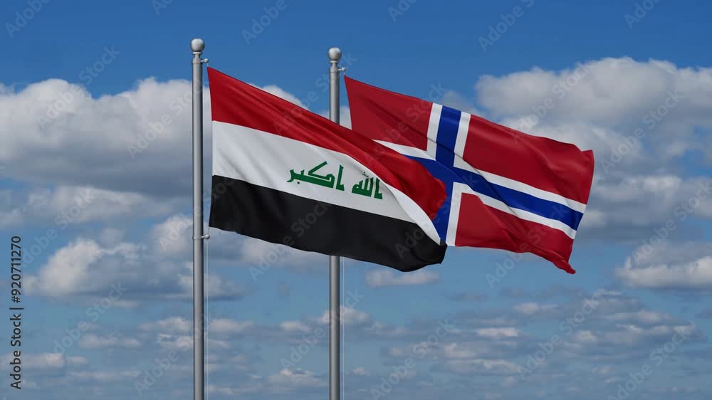 Norway and Iraq flags flying together, video concept of the relationship, two country relations concept Norway and Iraq flags flying together, video concept of the relationship, two country relations concept