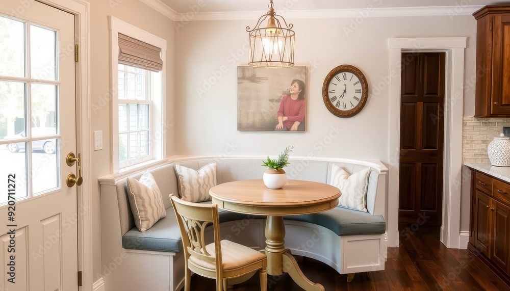 Fototapeta premium Modern Kitchen Nook with Curved Banquette and Wooden Floor.