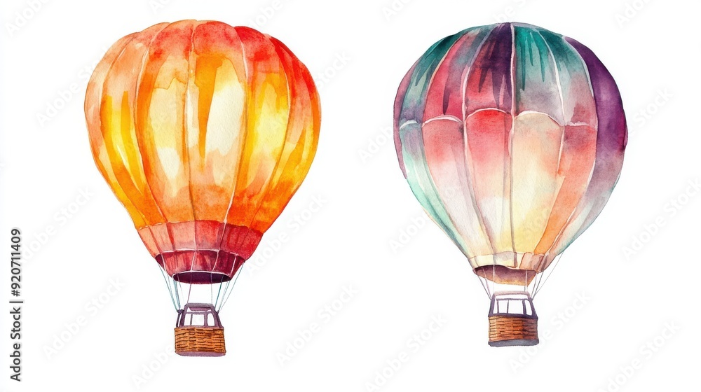 Fototapeta premium Watercolor painting of a hot air balloon night glow event, illuminating the darkness, isolated on white background