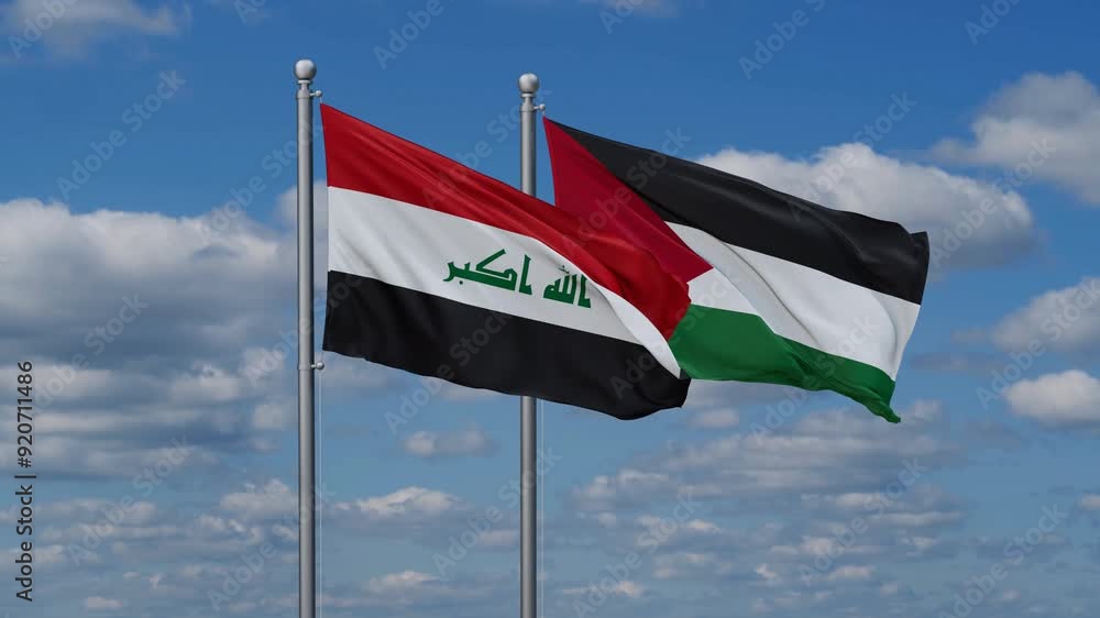 Palestine and Gaza Strip and Iraq two flags waving together on blue , video concept of the relationship Palestine and Gaza Strip and Iraq two flags waving together on blue , video concept of the relationship