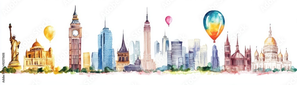 Watercolor depiction of a balloon shaped like a famous landmark, creative and iconic, isolated on white background Watercolor depiction of a balloon shaped like a famous landmark, creative and iconic, isolated on white background
