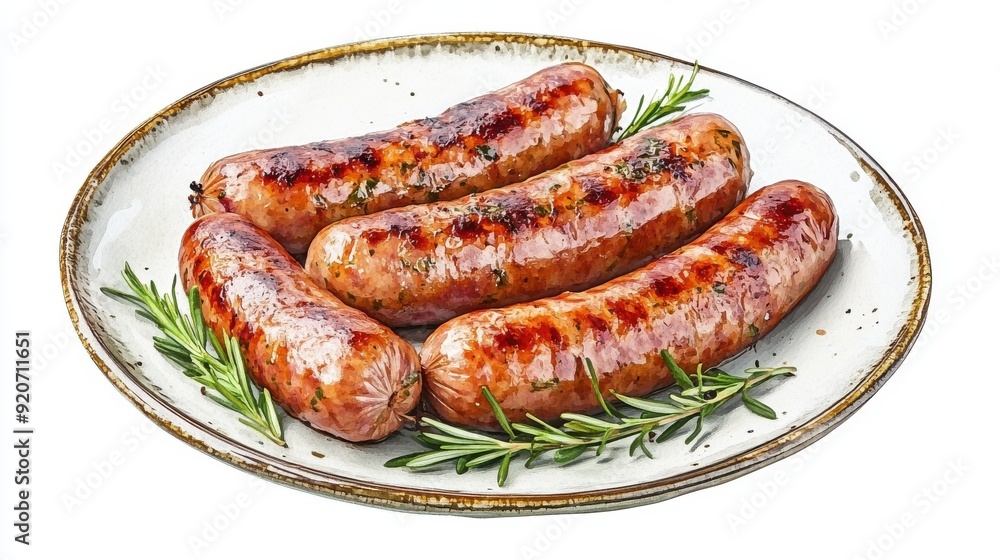 Oktoberfest sausages on a plate, watercolor style, rustic and appetizing, isolated on white background Oktoberfest sausages on a plate, watercolor style, rustic and appetizing, isolated on white background