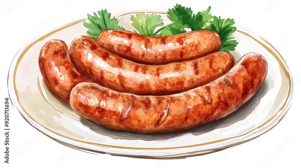 Oktoberfest sausages on a plate, watercolor style, rustic and appetizing, isolated on white background Oktoberfest sausages on a plate, watercolor style, rustic and appetizing, isolated on white background