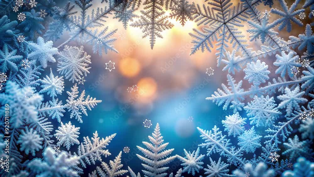 Macro Video Background of Snowflakes. Detailed, Elegant Winter Scene with Frosty Patterns Macro Video Background of Snowflakes. Detailed, Elegant Winter Scene with Frosty Patterns