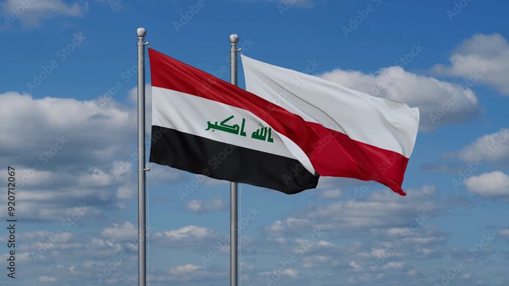 Poland and Iraq flags flying together, video concept of the relationship, two country cooperation concept Poland and Iraq flags flying together, video concept of the relationship, two country cooperation concept