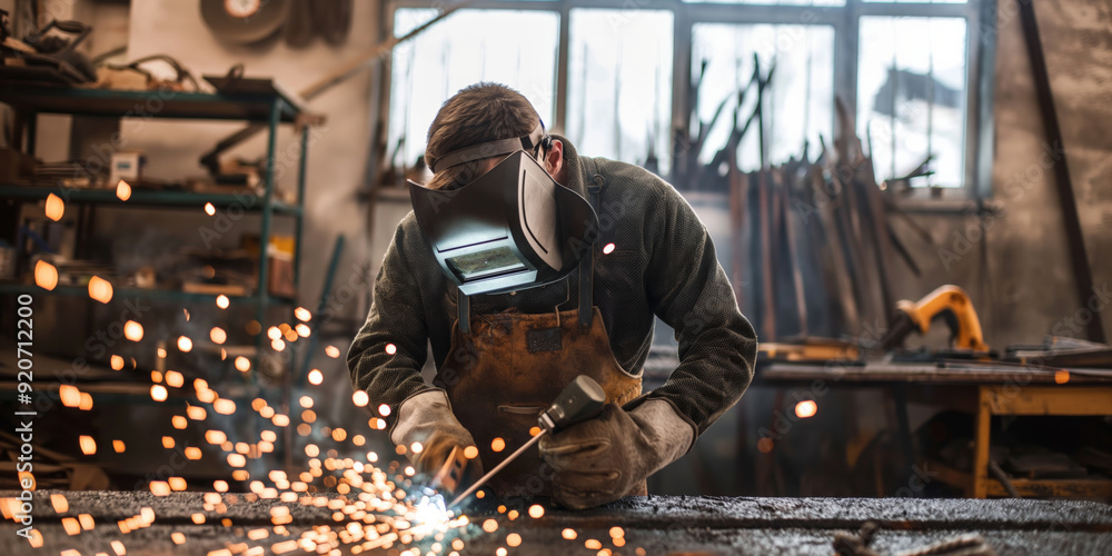 A man wearing a mask and a leather apron is working on a piece of metal. Concept of hard work and dedication, as the man is focused on his task despite the sparks and debris flying around him A man wearing a mask and a leather apron is working on a piece of metal. Concept of hard work and dedication, as the man is focused on his task despite the sparks and debris flying around him