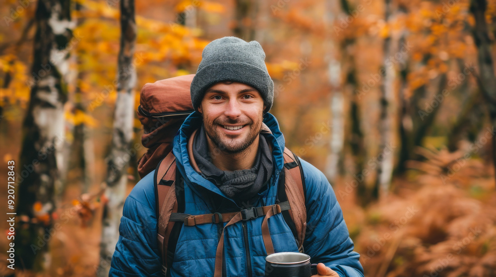Young fit man smiling on camera during trekking day at autumn mountain forest while holding hot tea cup - Sport and seasonal acitivity concept - Model by AI generative - Focus on face Young fit man smiling on camera during trekking day at autumn mountain forest while holding hot tea cup - Sport and seasonal acitivity concept - Model by AI generative - Focus on face