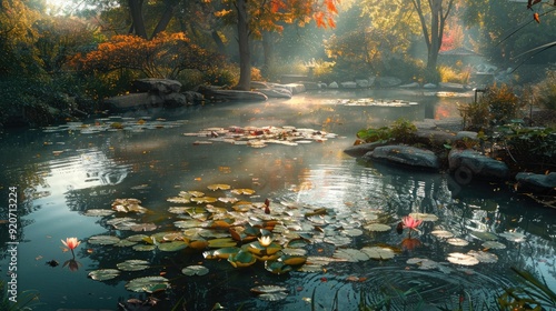 Serene autumn scene with a tranquil river flowing through a lush forest. Fallen leaves and rocks dot the water's surface. photo