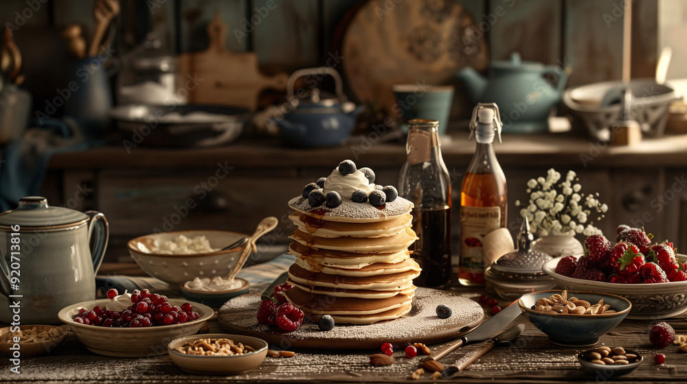 A pancake breakfast bar with a stack of pancakes, bowls of berries, whipped cream, syrups, and nuts, set on a rustic wooden table with a cozy kitchen backdrop A pancake breakfast bar with a stack of pancakes, bowls of berries, whipped cream, syrups, and nuts, set on a rustic wooden table with a cozy kitchen backdrop