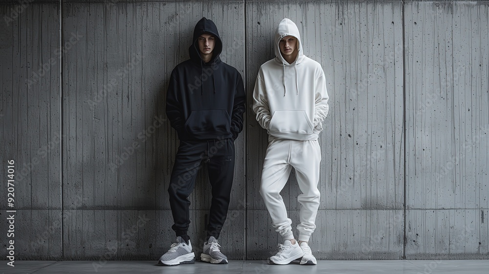 Two young men showcase modern streetwear side by side, each wearing hooded sweatshirts and sneakers in a contemporary urban setting Two young men showcase modern streetwear side by side, each wearing hooded sweatshirts and sneakers in a contemporary urban setting