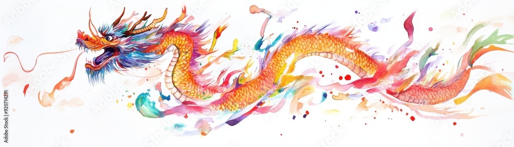 Obraz premium Watercolor illustration of a dragon dance during MidAutumn Festival, dynamic and colorful, isolated on white background