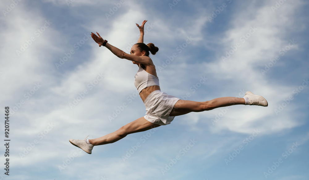 Blue sky with clouds, jumping. Young skinny fitness woman is outdoors Blue sky with clouds, jumping. Young skinny fitness woman is outdoors