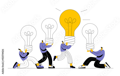 A group of characters are holding large light bulbs in their hands. Vector illustration in linear style. Big idea, brainstorming, idea development.