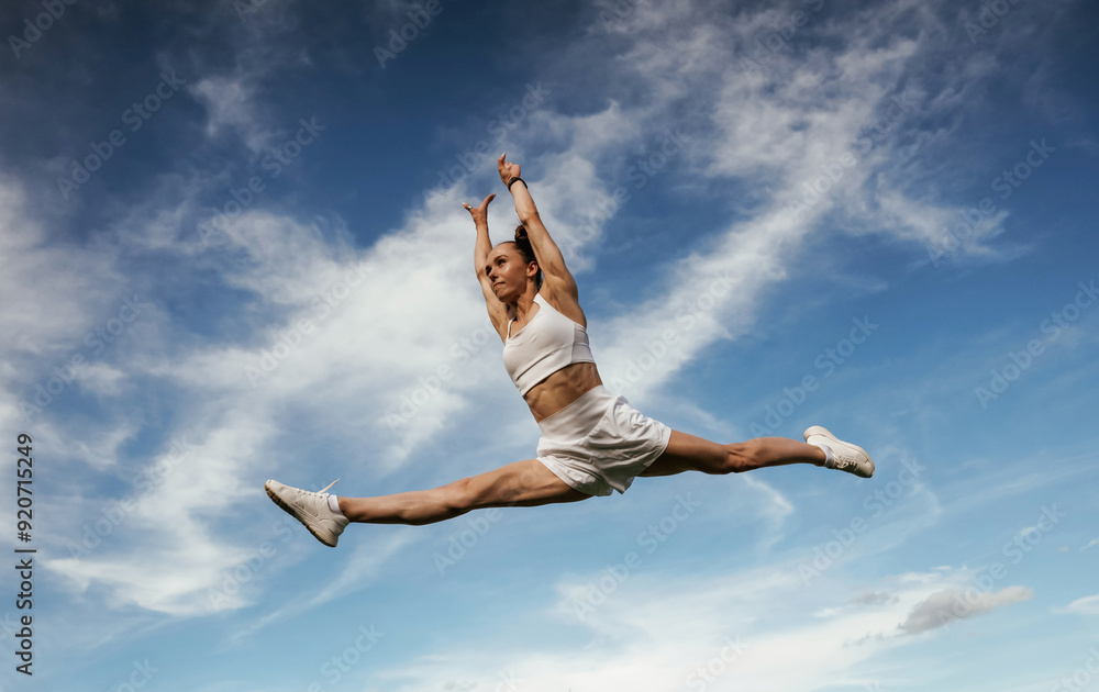 Beautiful sky at background. Young skinny fitness woman is outdoors Beautiful sky at background. Young skinny fitness woman is outdoors