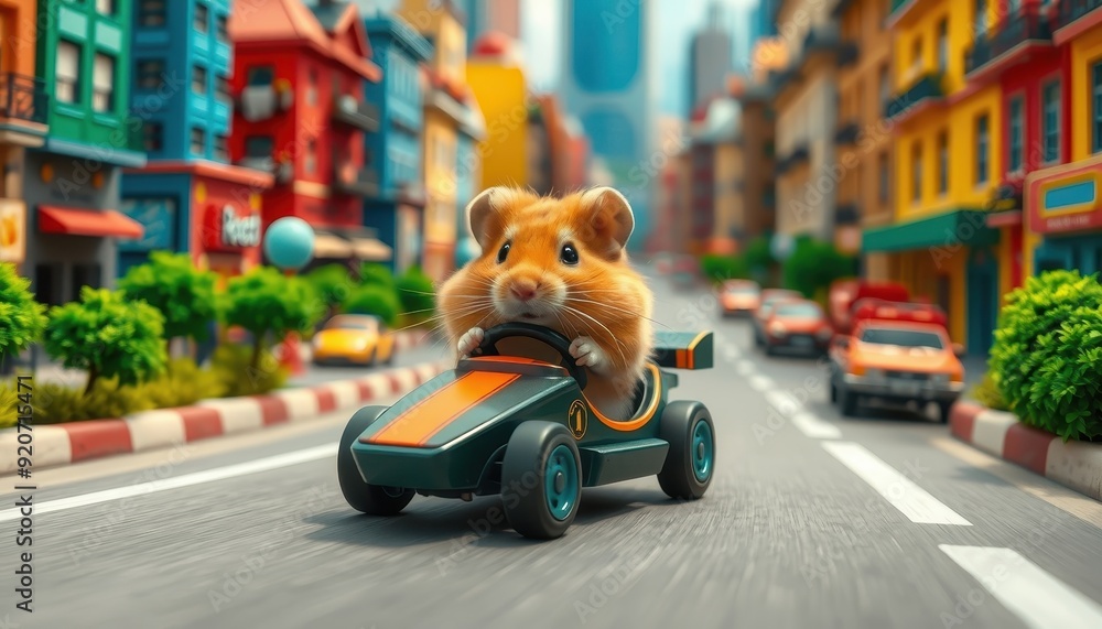 Fototapeta Cute Hamster Driving a Race Car in a Toy City.