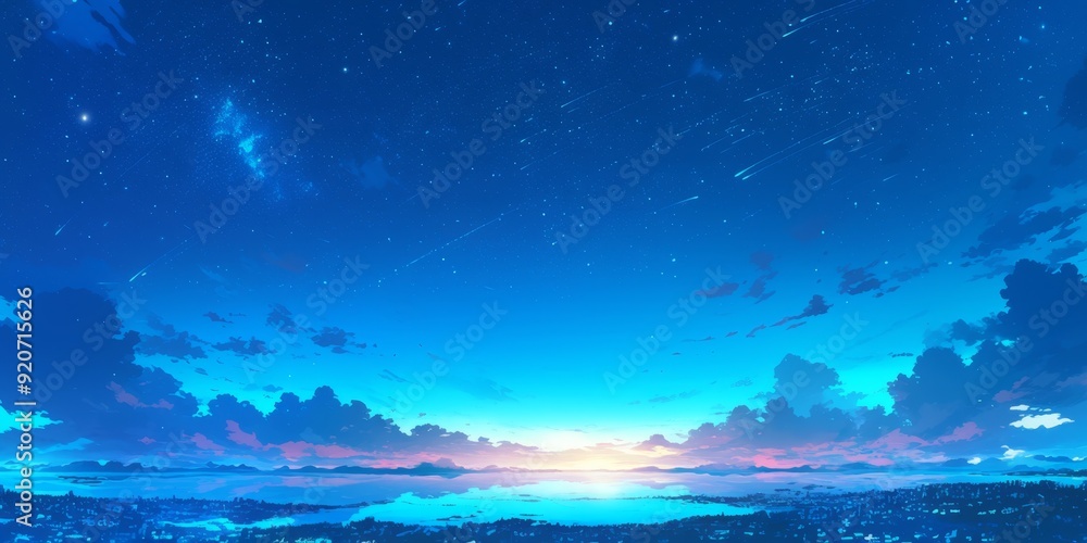 Fototapeta premium Enchanting Anime Twilight Scene: Vibrant Autumn and Summer Skies with Galaxy and Clouds. Captivating Digital Art for Creative Marketing, Book Illustrations, and Seasonal Designs. Magical Landscape in 